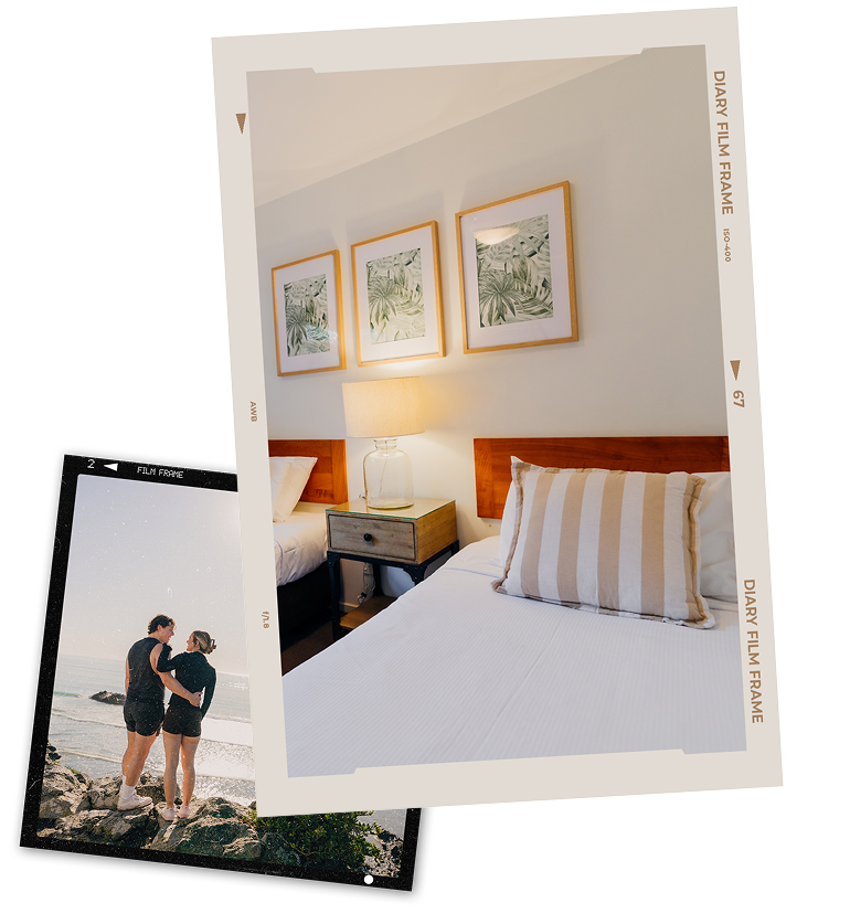 Polaroid graphics showing a room at Sumner Bay Motel and guests enjoying the the scenery