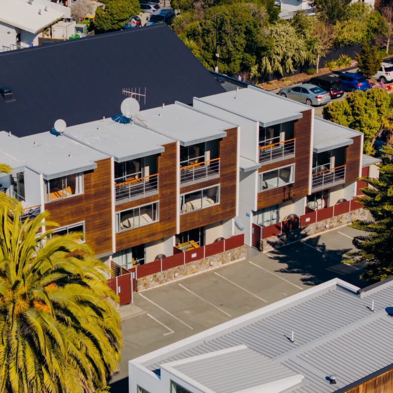 Aerial view of Sumner Bay Motel, affordable Christchurch seaside motel with off-street parking